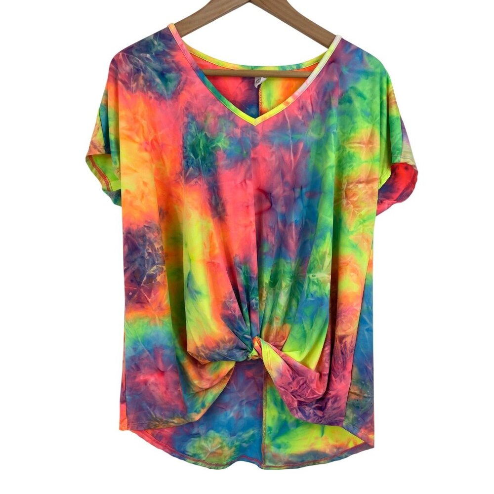 Tie-Dye Rainbow Short Sleeve Tunic Top w/Front Knot Detail Womens Size Large